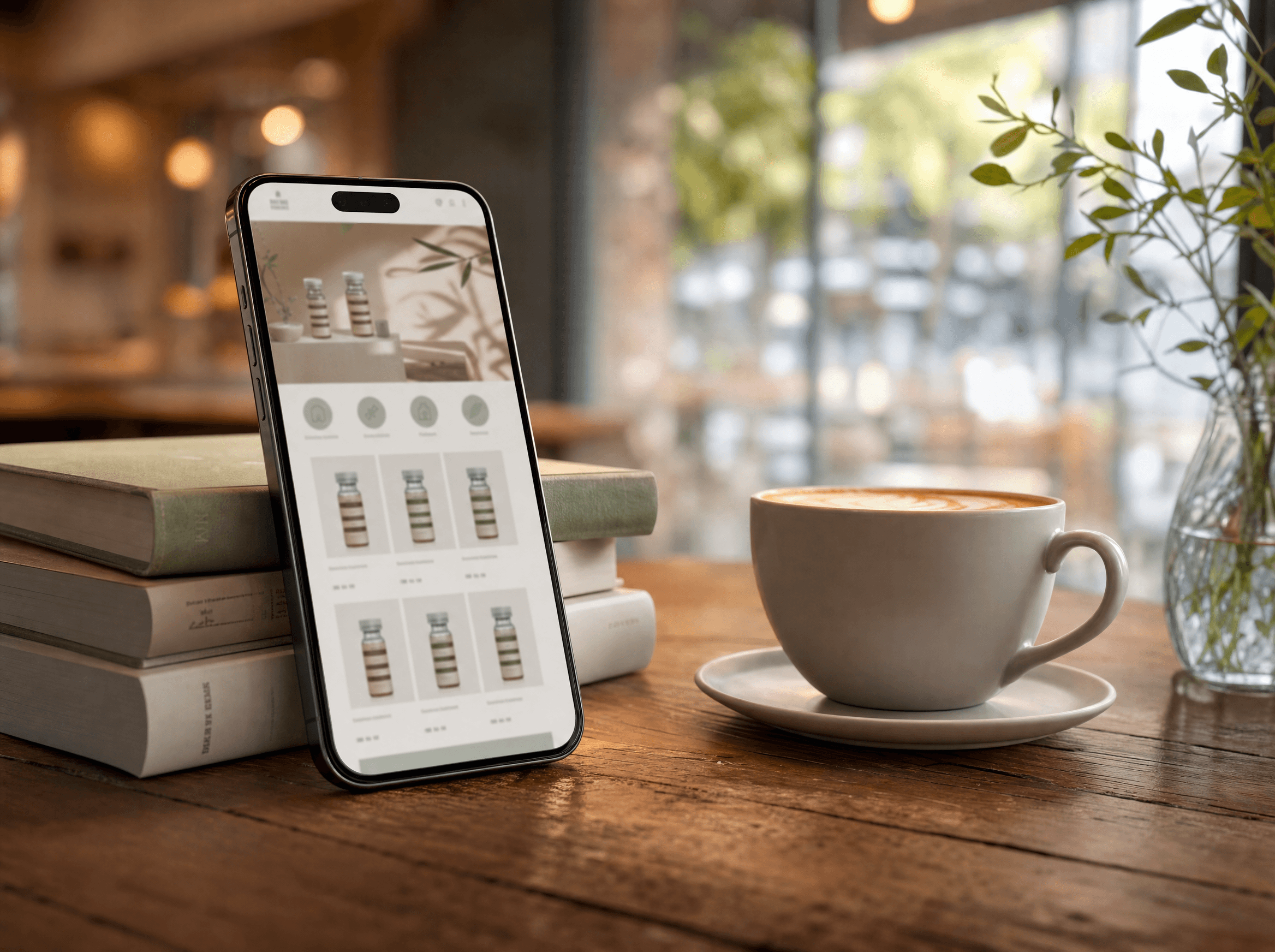 A phone propped on a warm cafe table showing your peptide storefront and product grid.