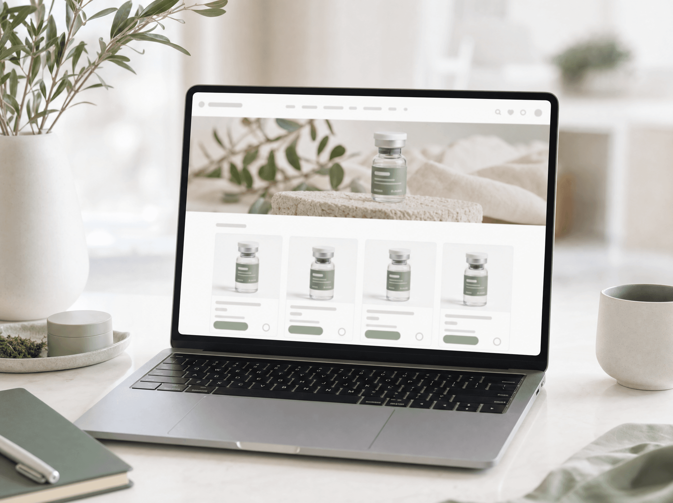 A clean peptide storefront homepage open on a laptop.