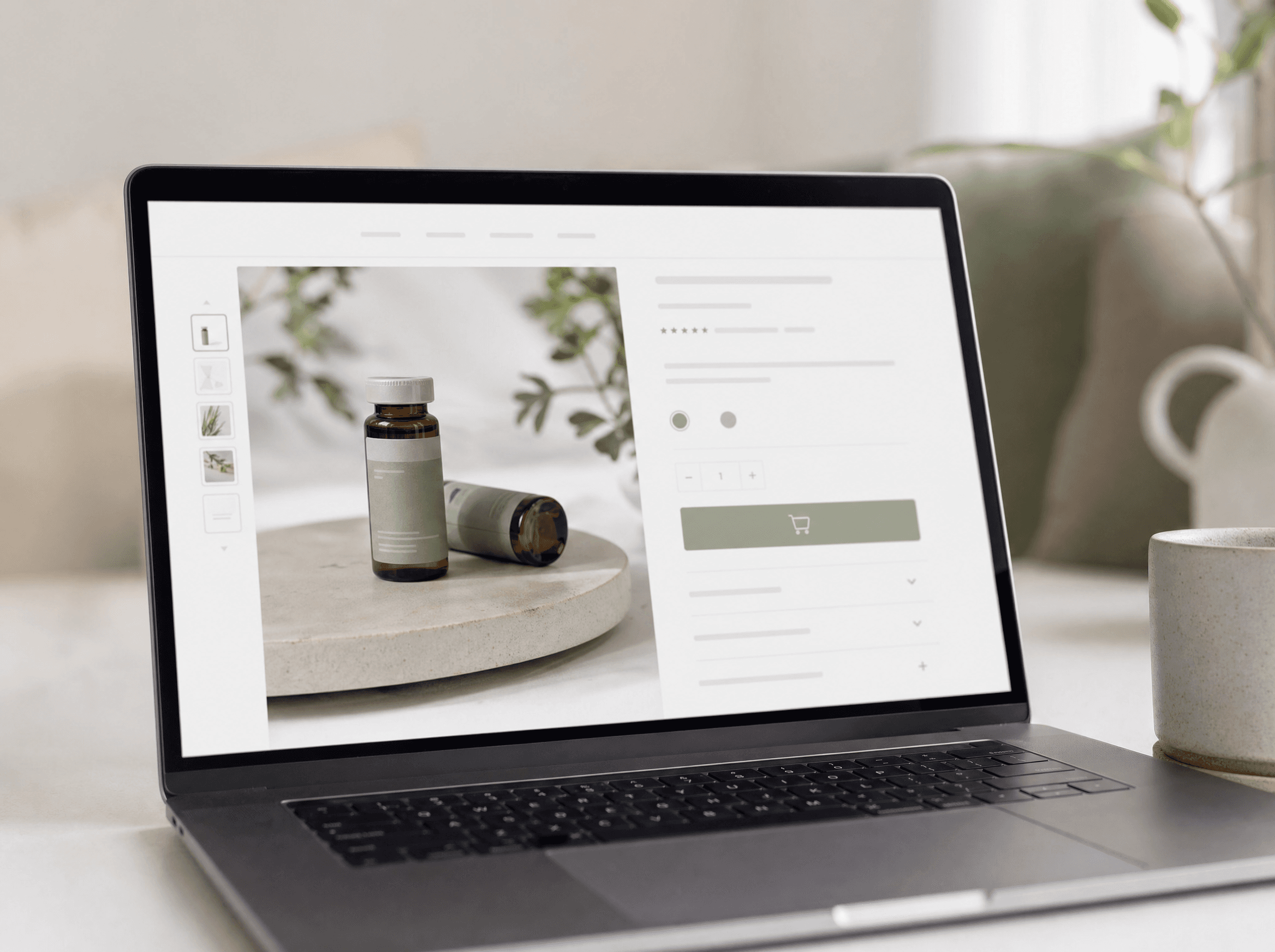 A peptide storefront product page open on a laptop, with details and add to cart.