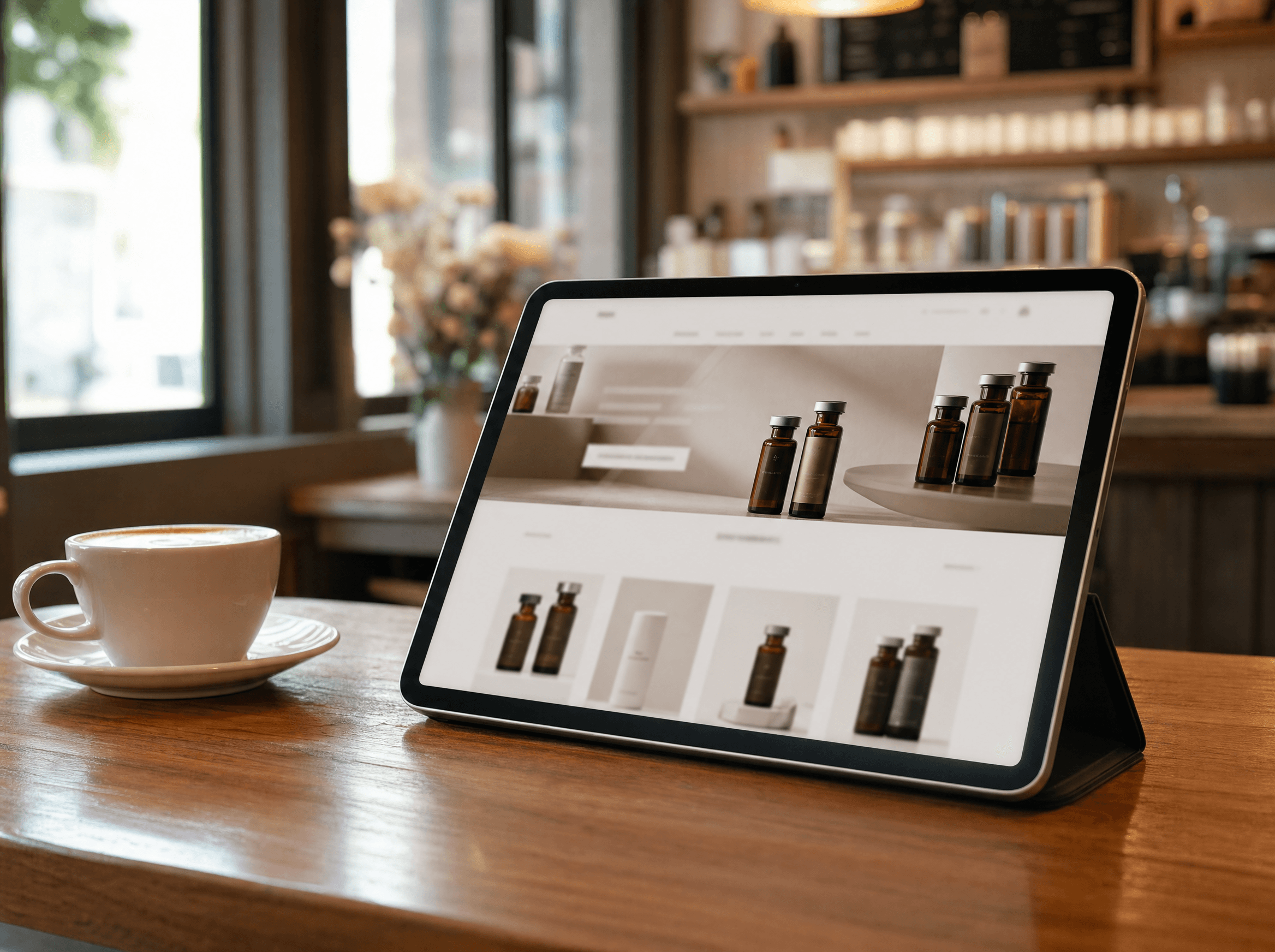 The same peptide storefront shown on a tablet propped on a cafe table.