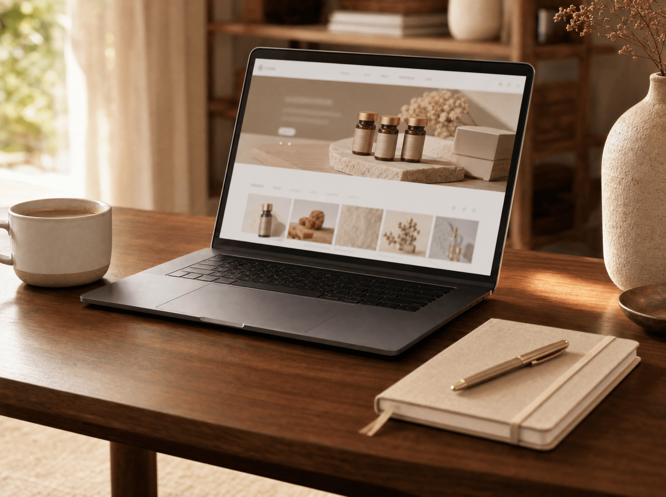 A peptide storefront open on a laptop on a warm wood desk in morning light.