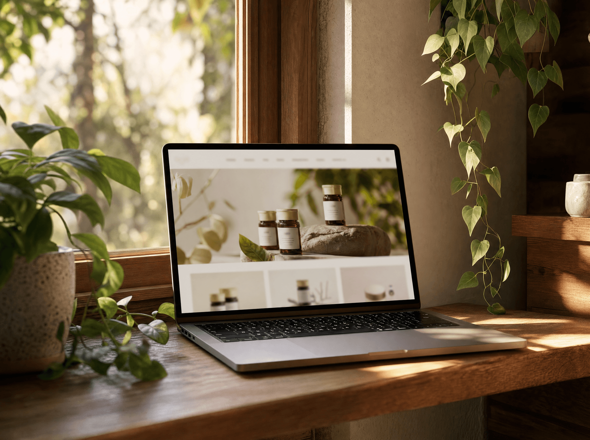 A laptop by a sunlit window showing your peptide storefront homepage, in a calm workspace with plants.